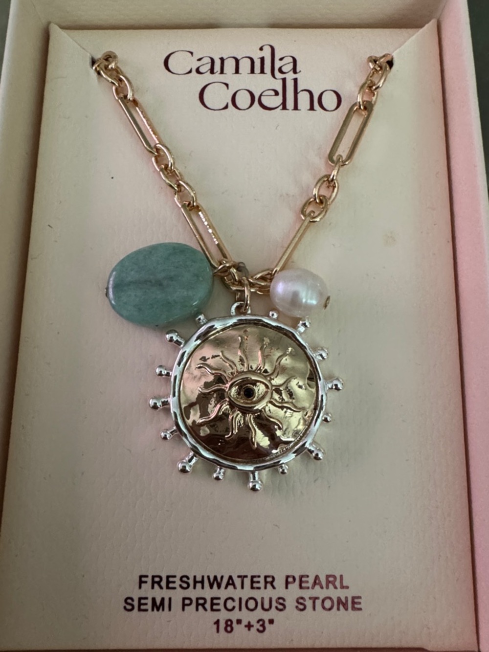 Camila Coelho Gold Sun-Eye Pendant Necklace with Aqua Stone & Pearl Drop - Picture 2 of 4